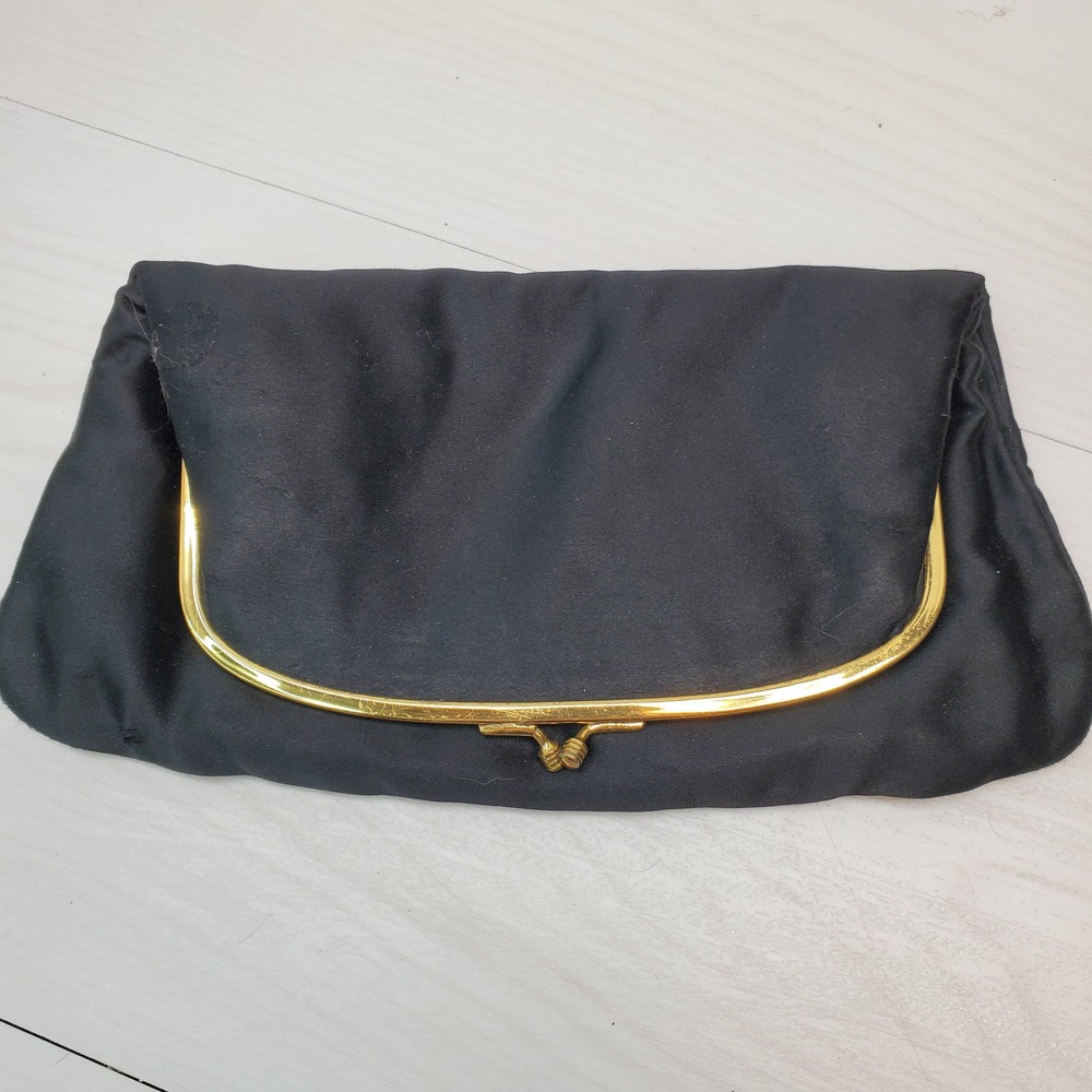 Vintage Coblentz‎ Original Black Satin Clutch Evening Bag Gold Frame